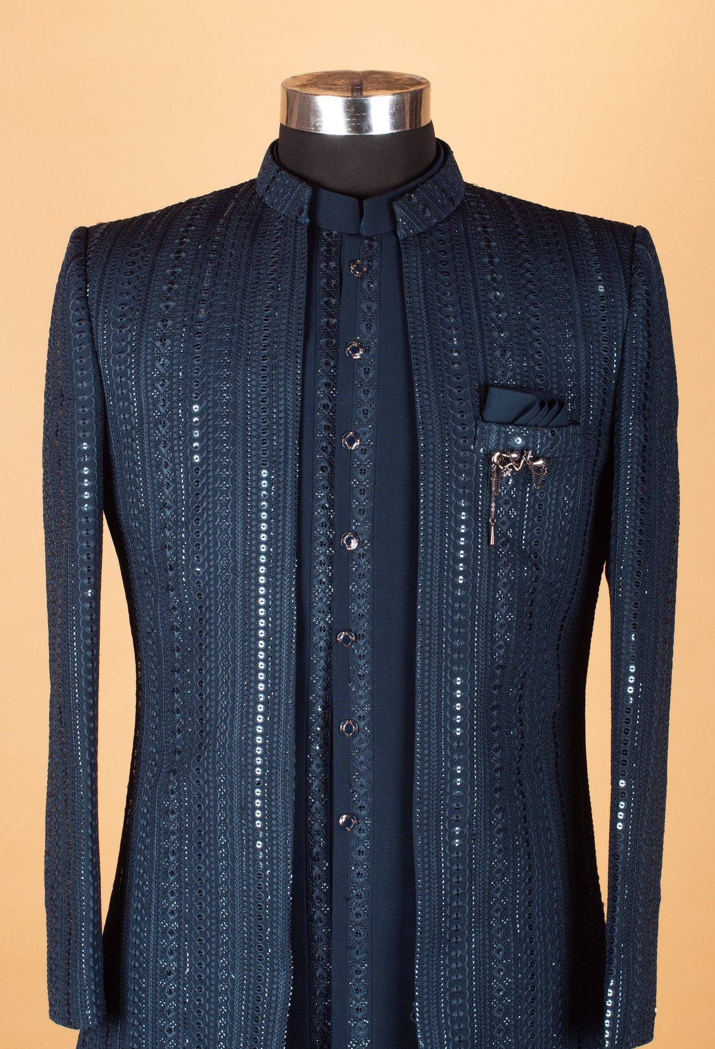 Men’s Navy Blue Embellished Indo-Western Suit with Mandarin Collar