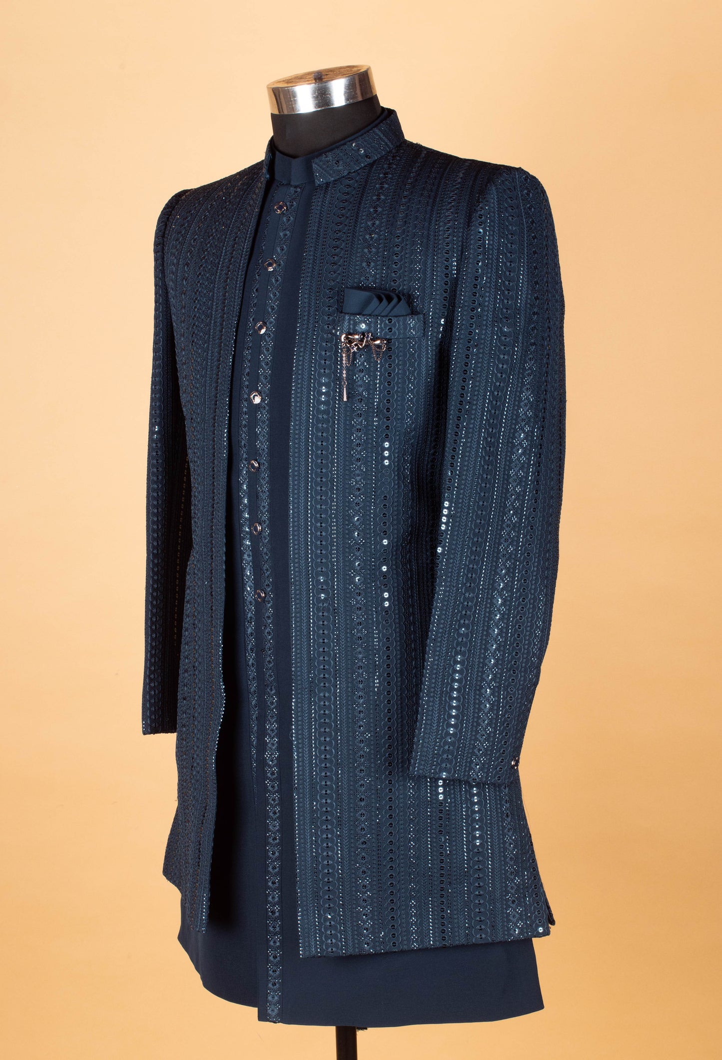 Men’s Navy Blue Embellished Indo-Western Suit with Mandarin Collar