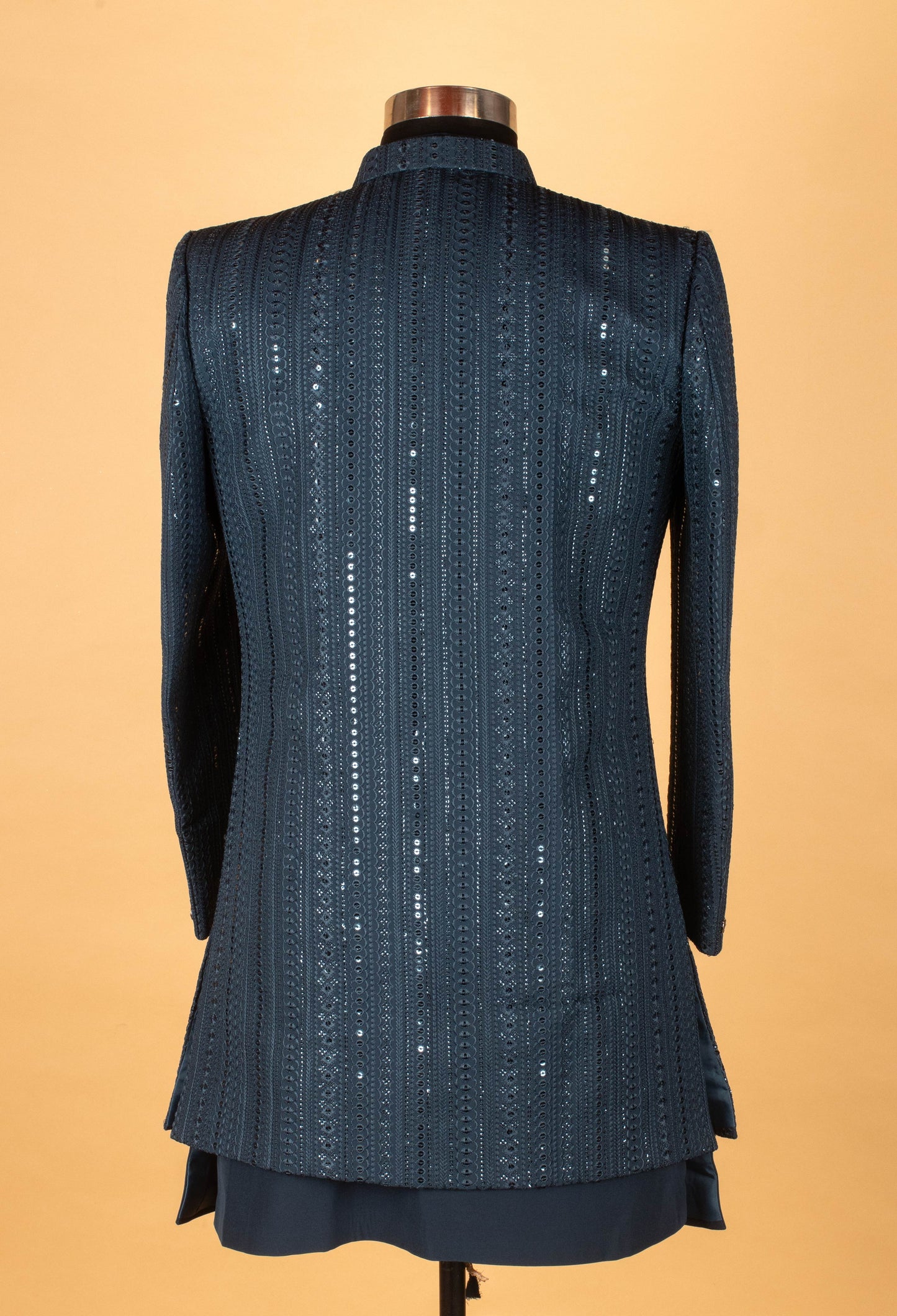 Men’s Navy Blue Embellished Indo-Western Suit with Mandarin Collar
