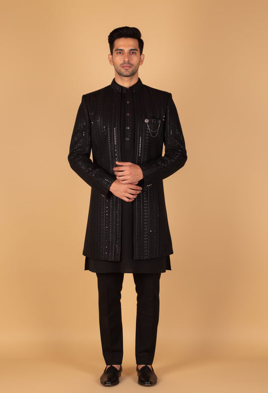 Men’s Black Embellished Indo-Western Suit with Mandarin Collar