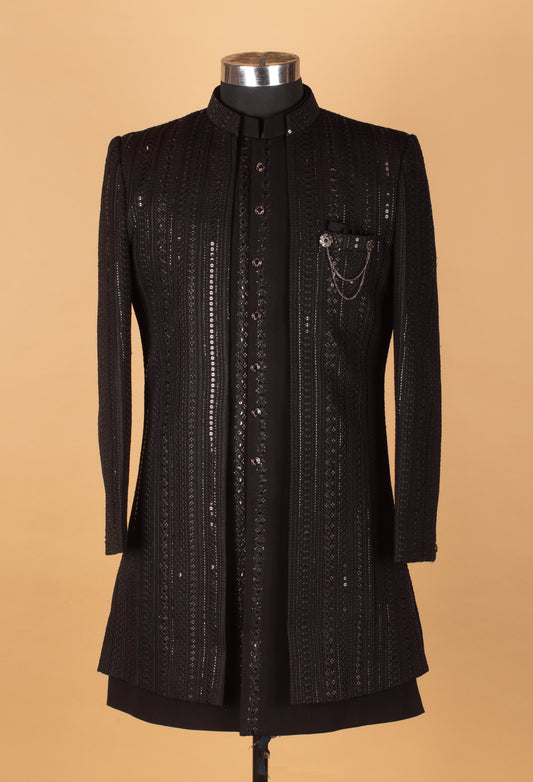 Black embellished Indo-Western suit for men with mandarin collar – product image 2