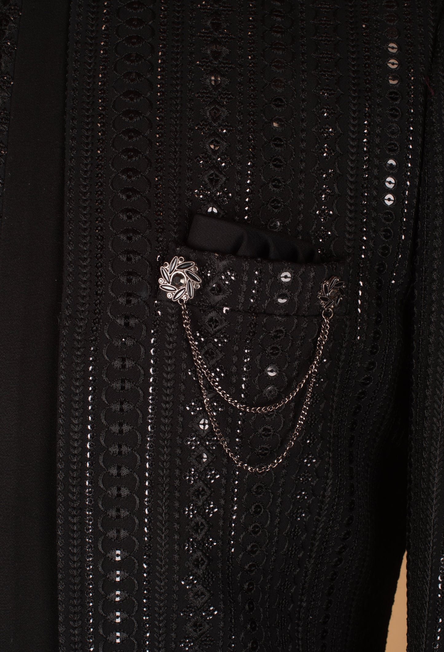 Men’s Black Embellished Indo-Western Suit with Mandarin Collar