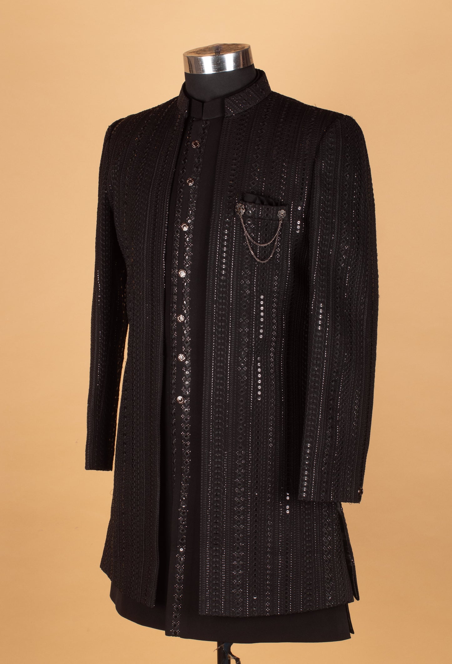 Men’s Black Embellished Indo-Western Suit with Mandarin Collar