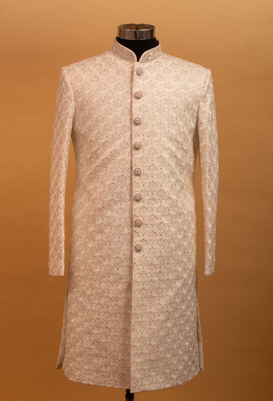 Ivory embroidered sherwani for men with mandarin collar – product image 2