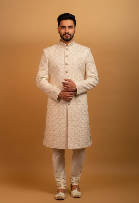 Men’s Ivory Embroidered Sherwani with Mandarin Collar
