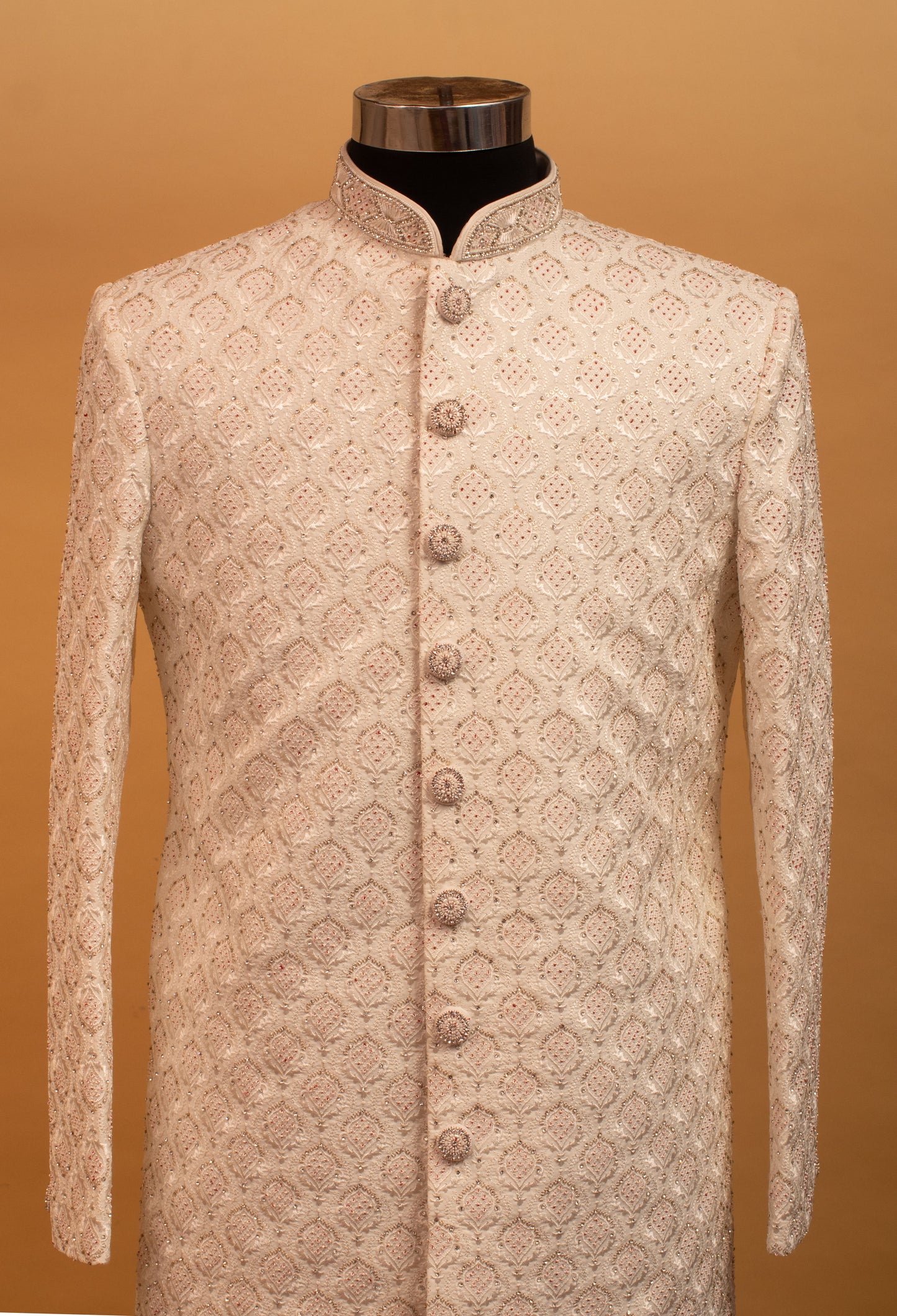 Men’s Ivory Embroidered Sherwani with Mandarin Collar