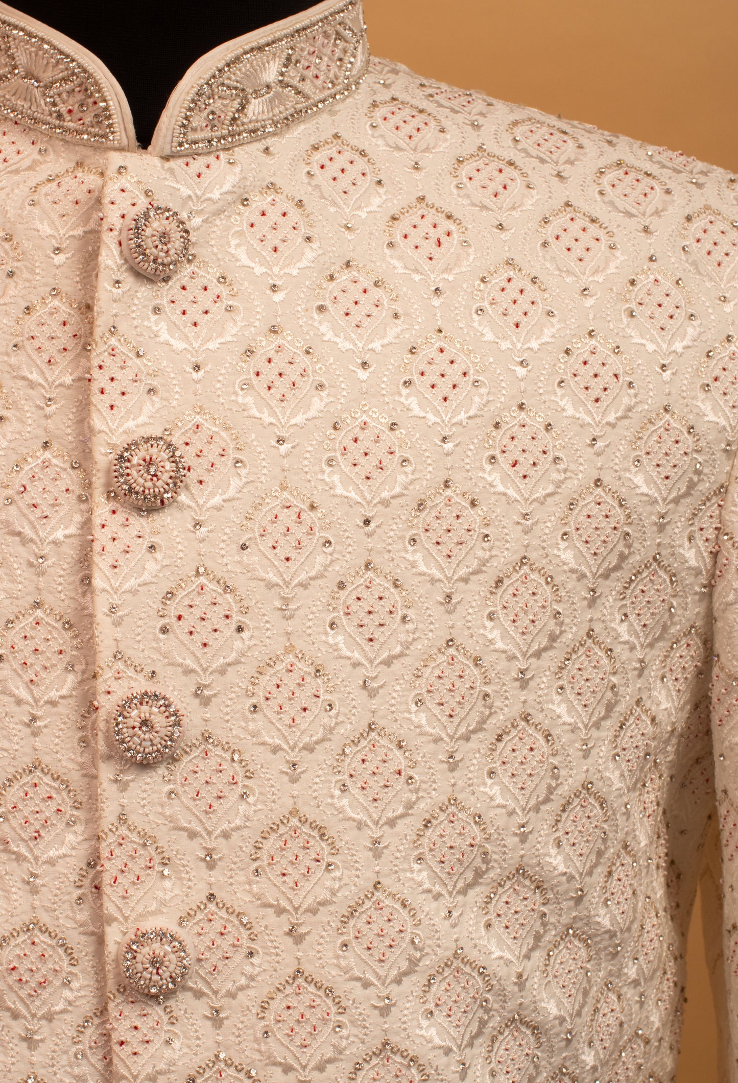 Men’s Ivory Embroidered Sherwani with Mandarin Collar