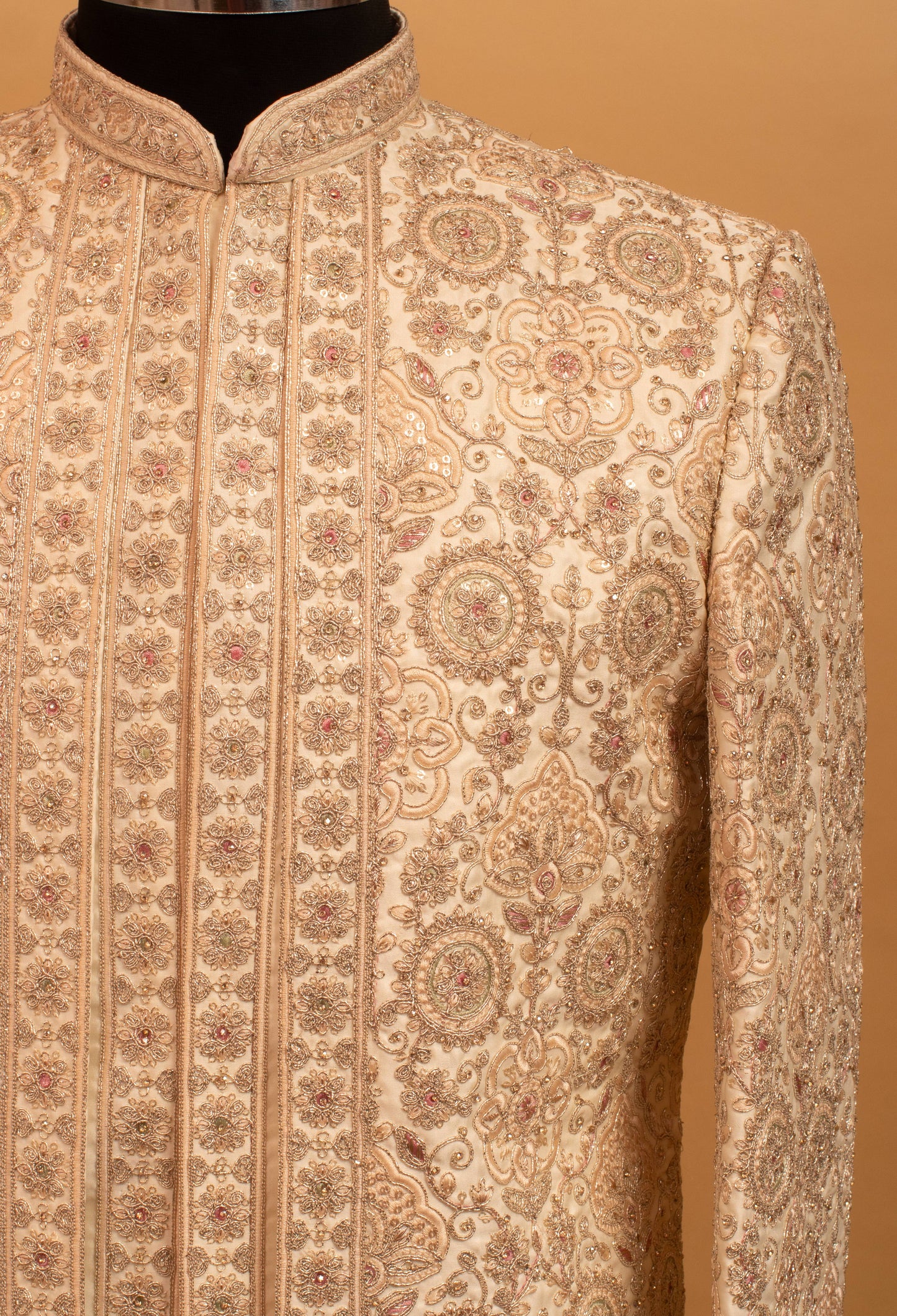 Men’s Gold Embroidered Designer Sherwani with Mandarin Collar
