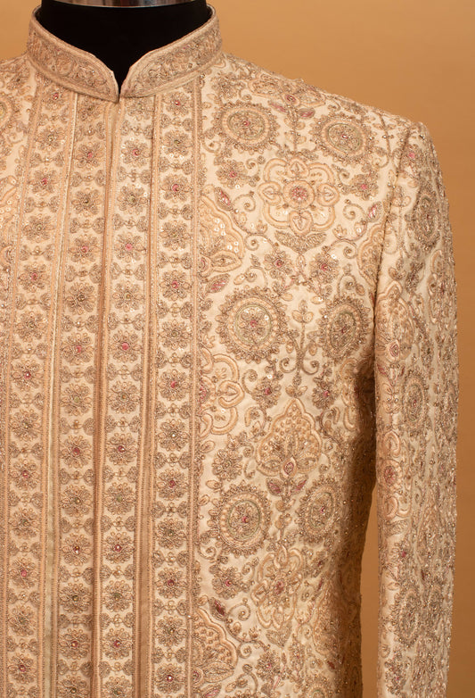 Gold embroidered designer sherwani for men with mandarin collar – product image 2