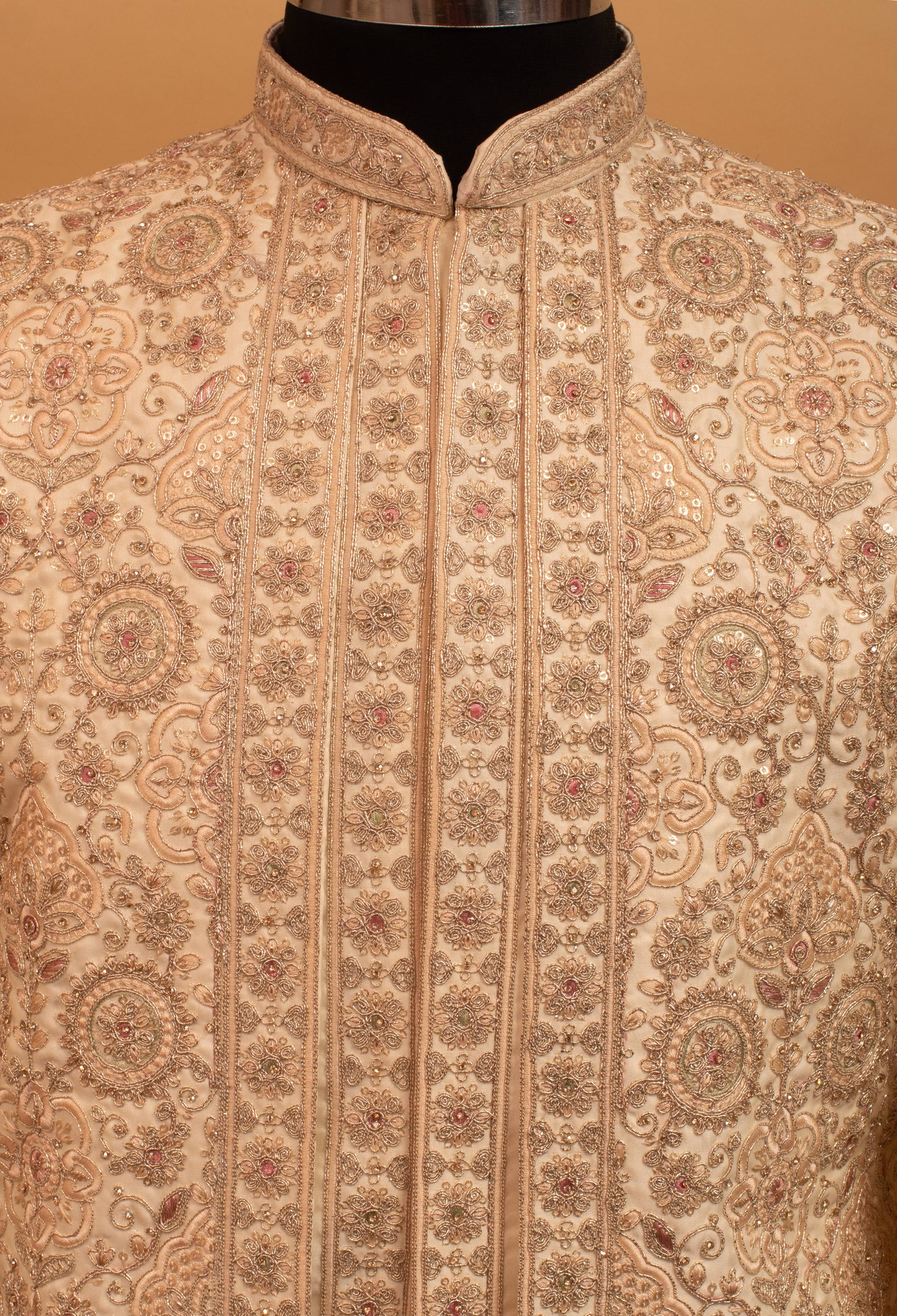 Men’s Gold Embroidered Designer Sherwani with Mandarin Collar
