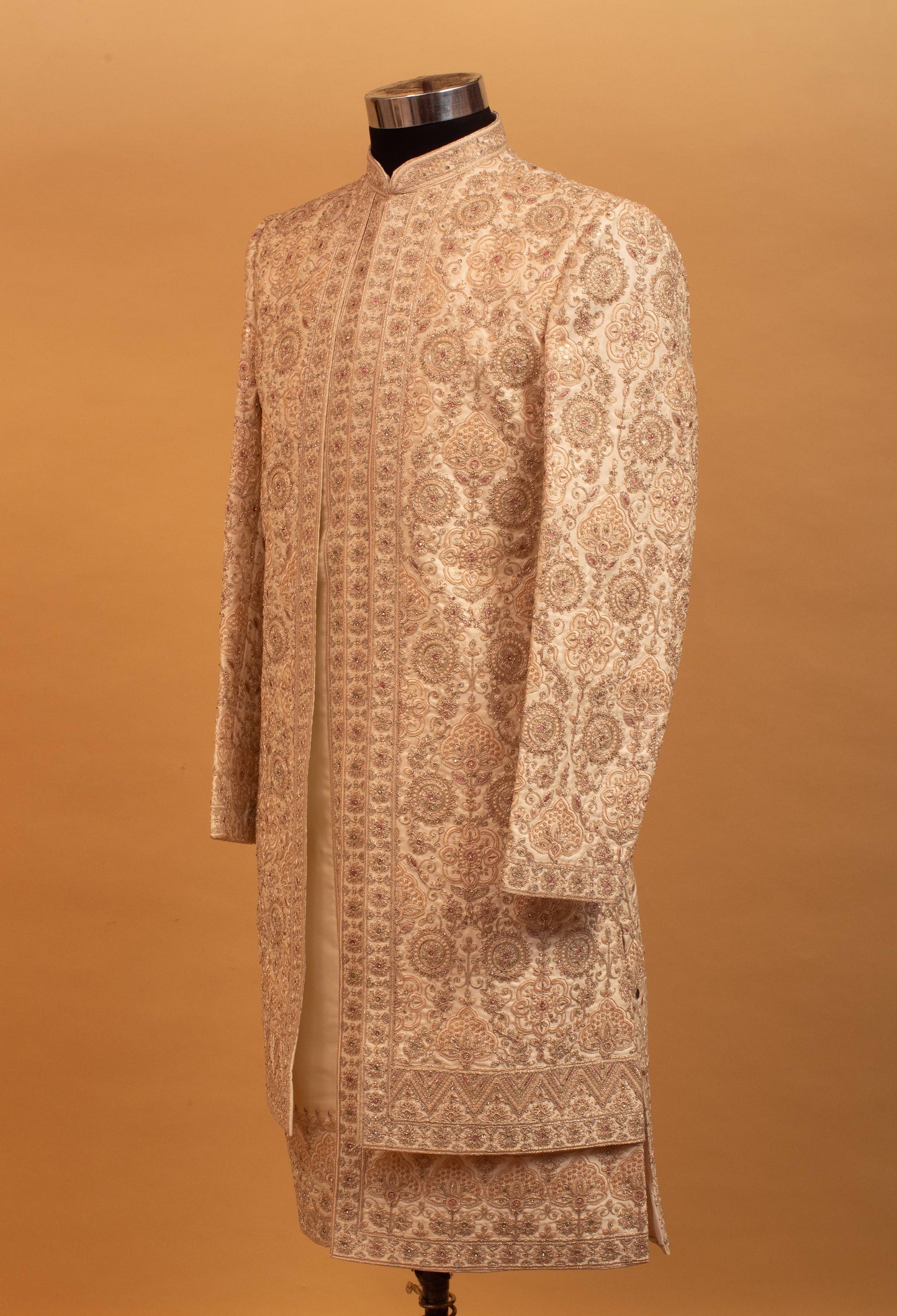 Men’s Gold Embroidered Designer Sherwani with Mandarin Collar