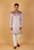 Men’s Blush Pink Jacquard Indo-Western Suit with Embellished Mandarin Collar