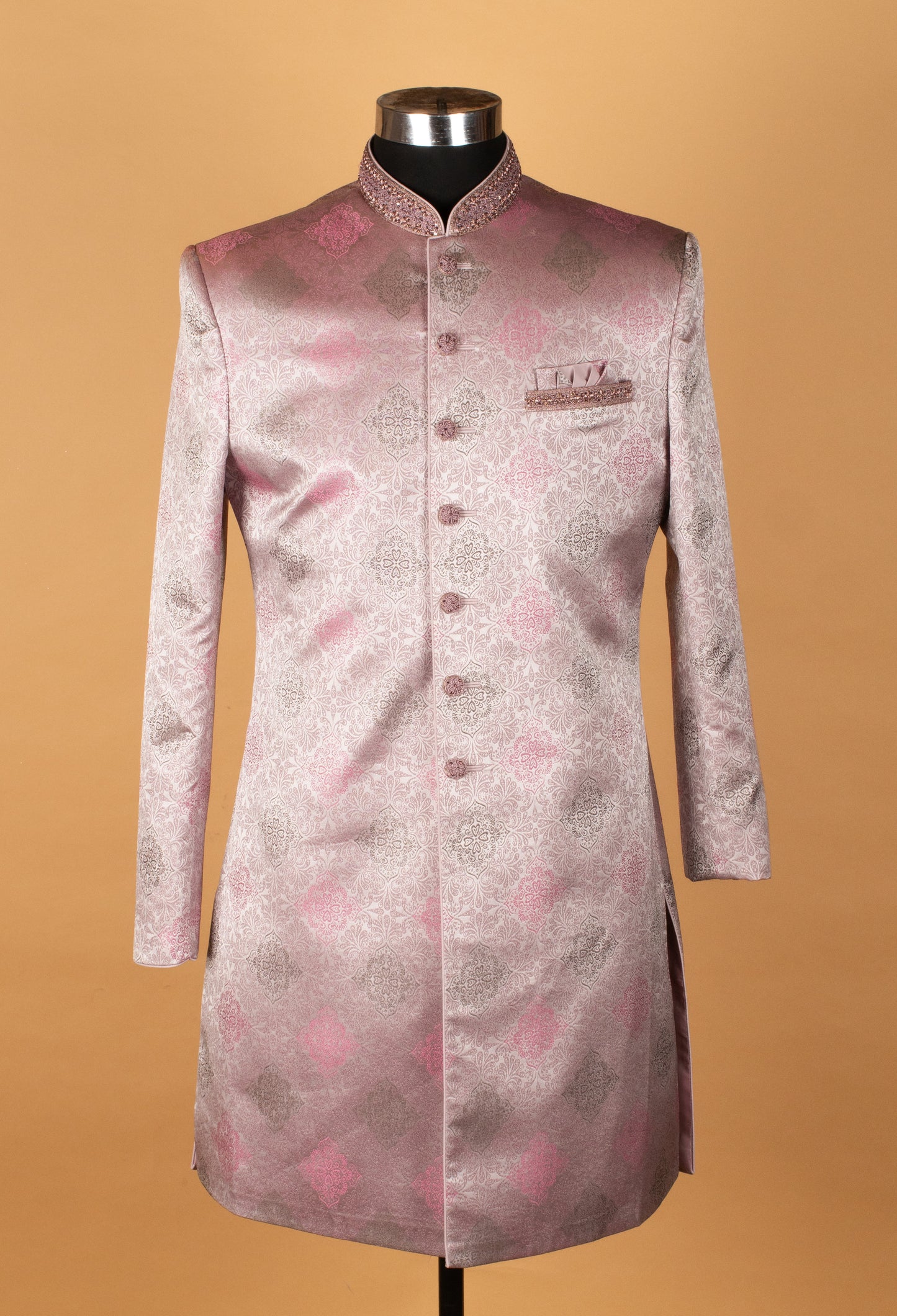 Men’s Blush Pink Jacquard Indo-Western Suit with Embellished Mandarin Collar