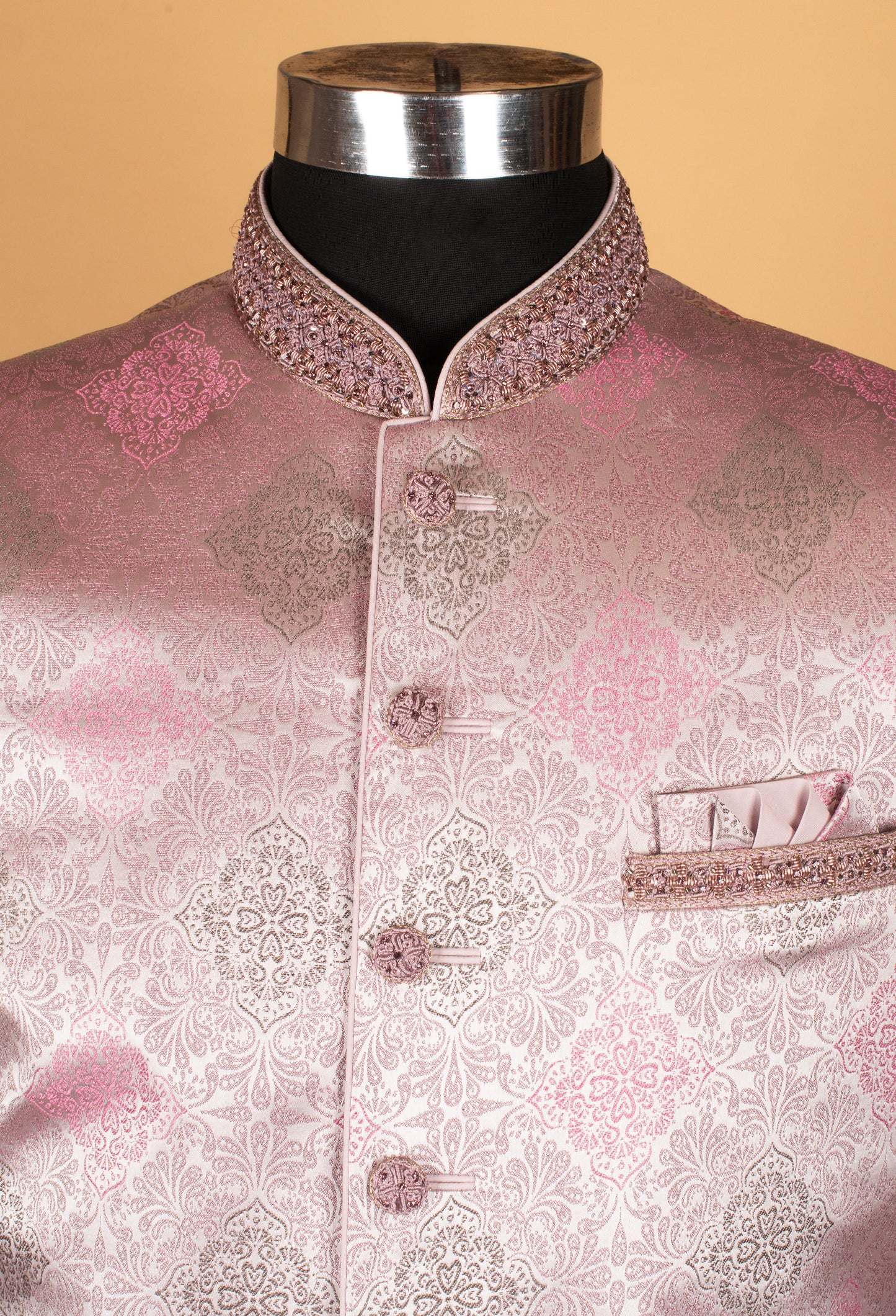 Men’s Blush Pink Jacquard Indo-Western Suit with Embellished Mandarin Collar