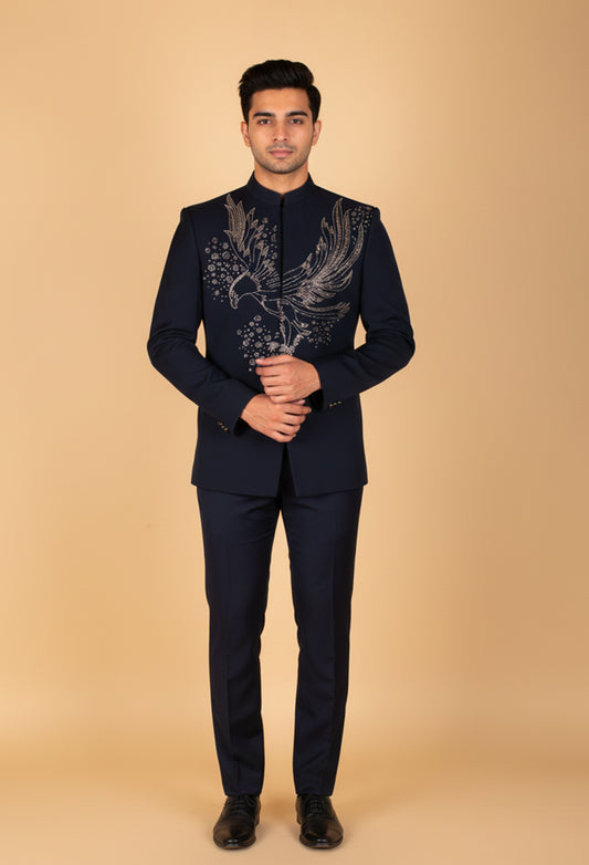 Men’s Navy Blue Embroidered Statement Suit with Eagle Motif