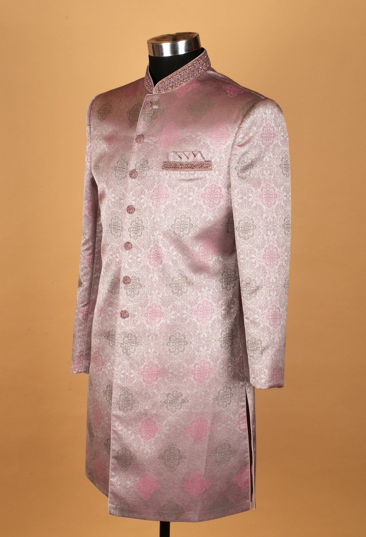 Men’s Blush Pink Jacquard Indo-Western Suit with Embellished Mandarin Collar