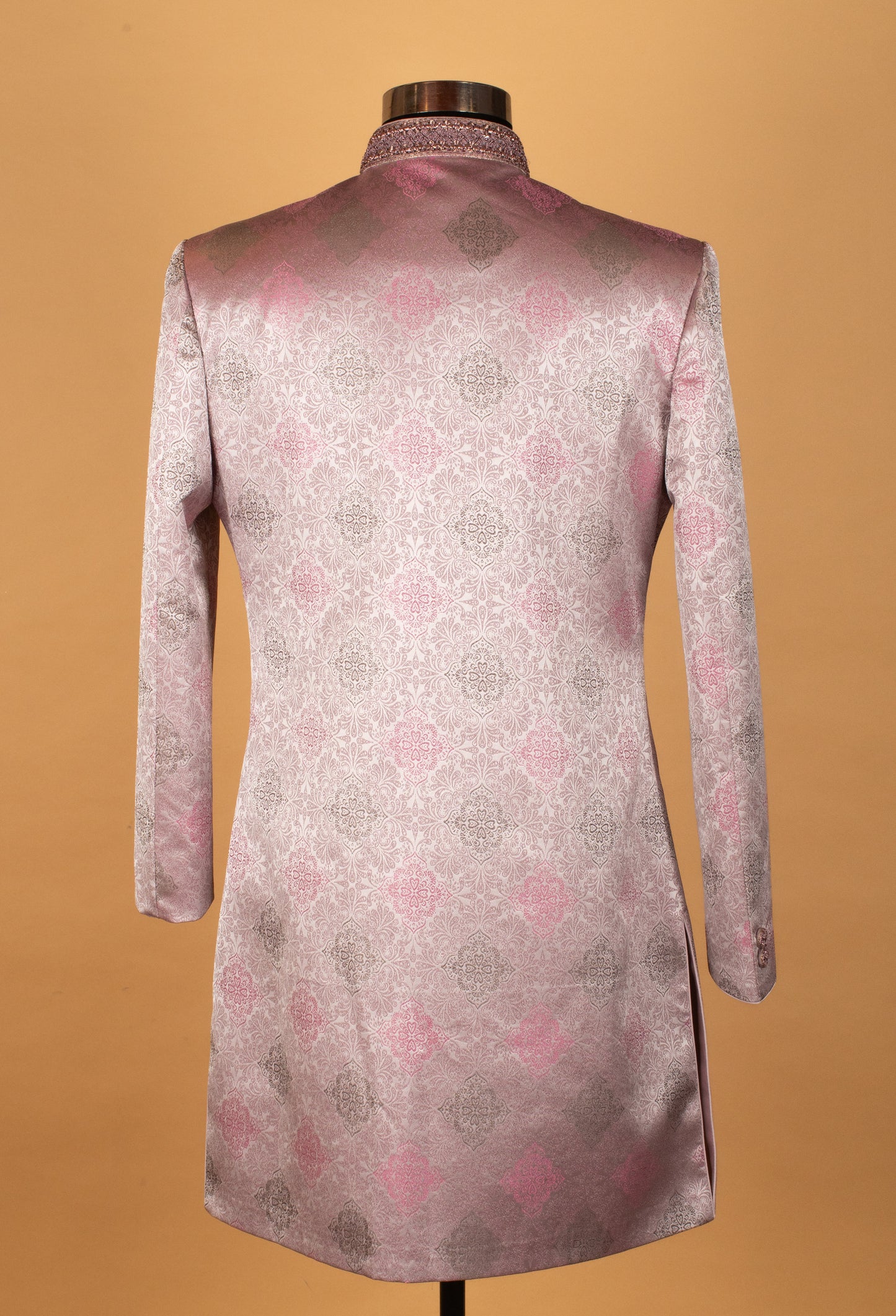 Men’s Blush Pink Jacquard Indo-Western Suit with Embellished Mandarin Collar