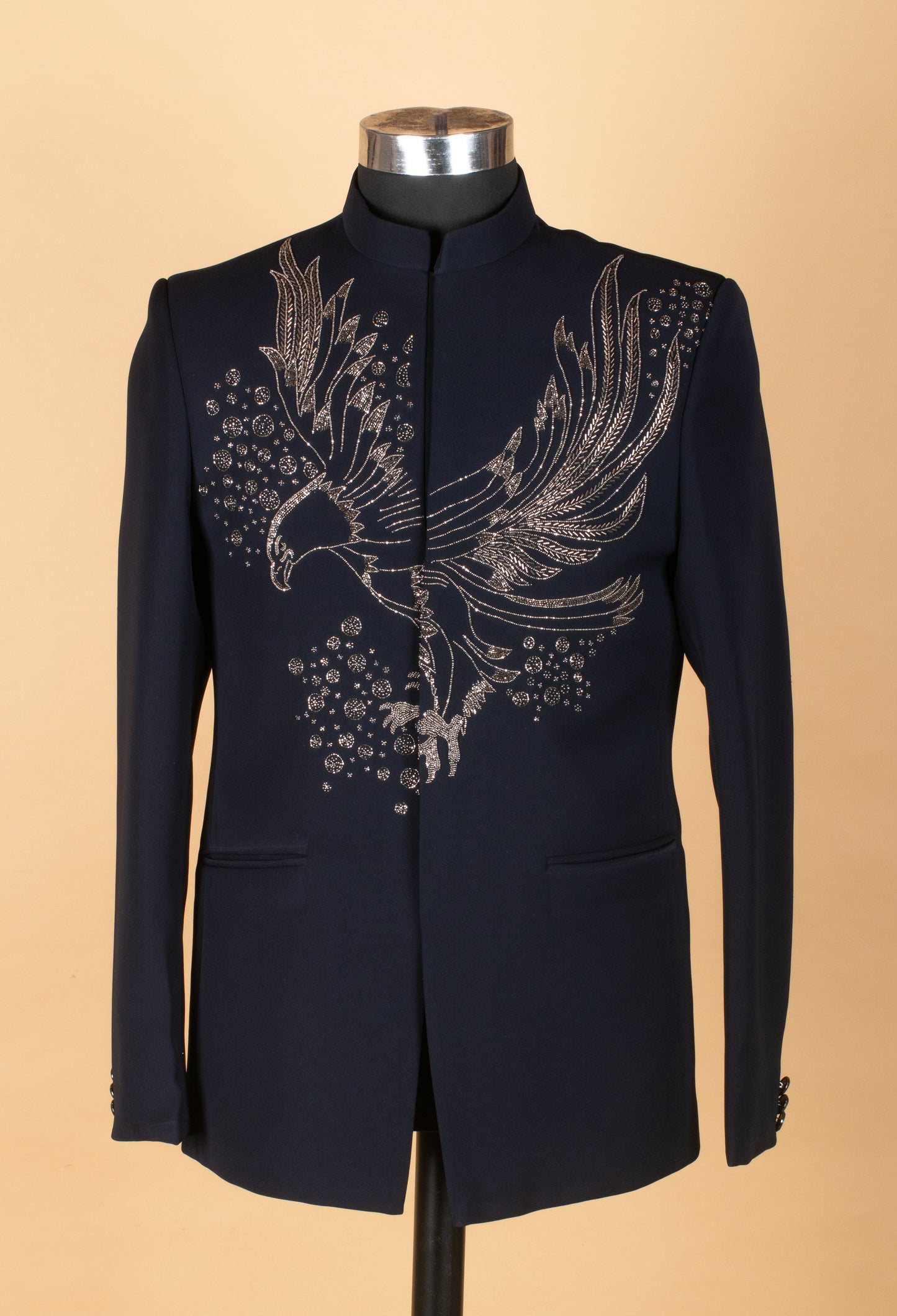 Men’s Navy Blue Embroidered Statement Suit with Eagle Motif