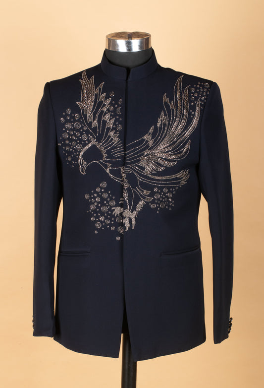 Men’s navy blue embroidered statement suit with eagle motif – product image 2