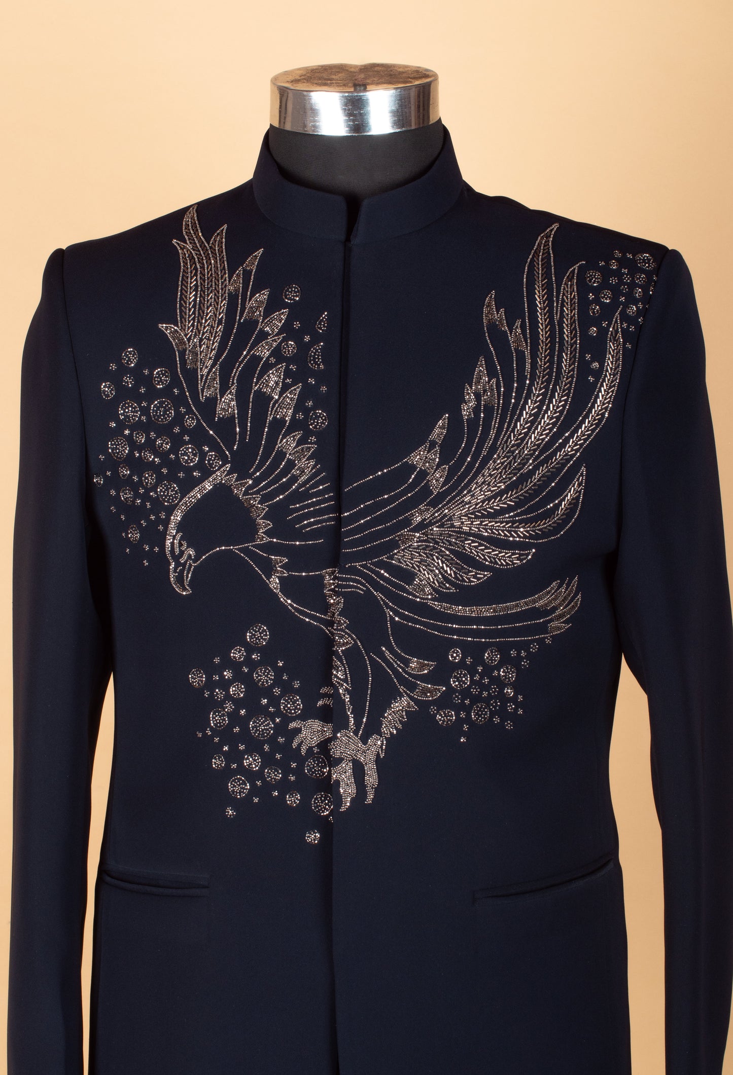 Men’s Navy Blue Embroidered Statement Suit with Eagle Motif
