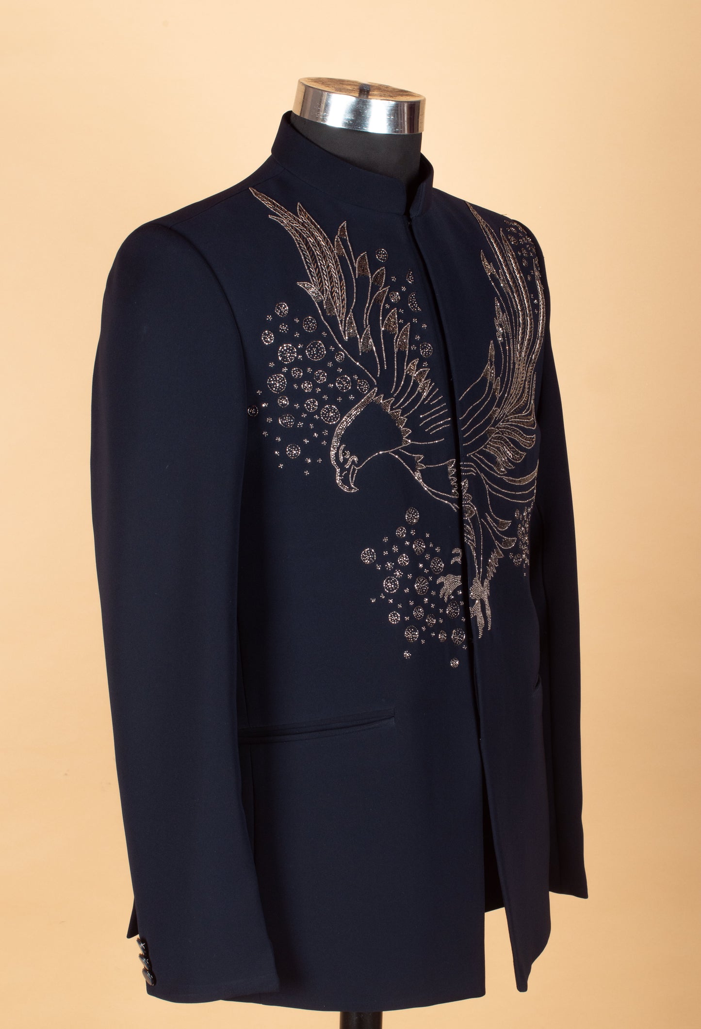 Men’s Navy Blue Embroidered Statement Suit with Eagle Motif