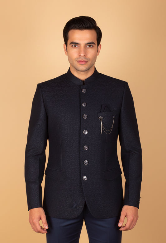 Men’s Black Textured Indo-Western Suit with Mandarin Collar & Chain Detail