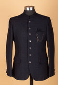 Men’s Black Textured Indo-Western Suit with Mandarin Collar & Chain Detail