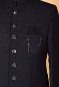 Men’s Black Textured Indo-Western Suit with Mandarin Collar & Chain Detail