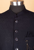 Men’s Black Textured Indo-Western Suit with Mandarin Collar & Chain Detail