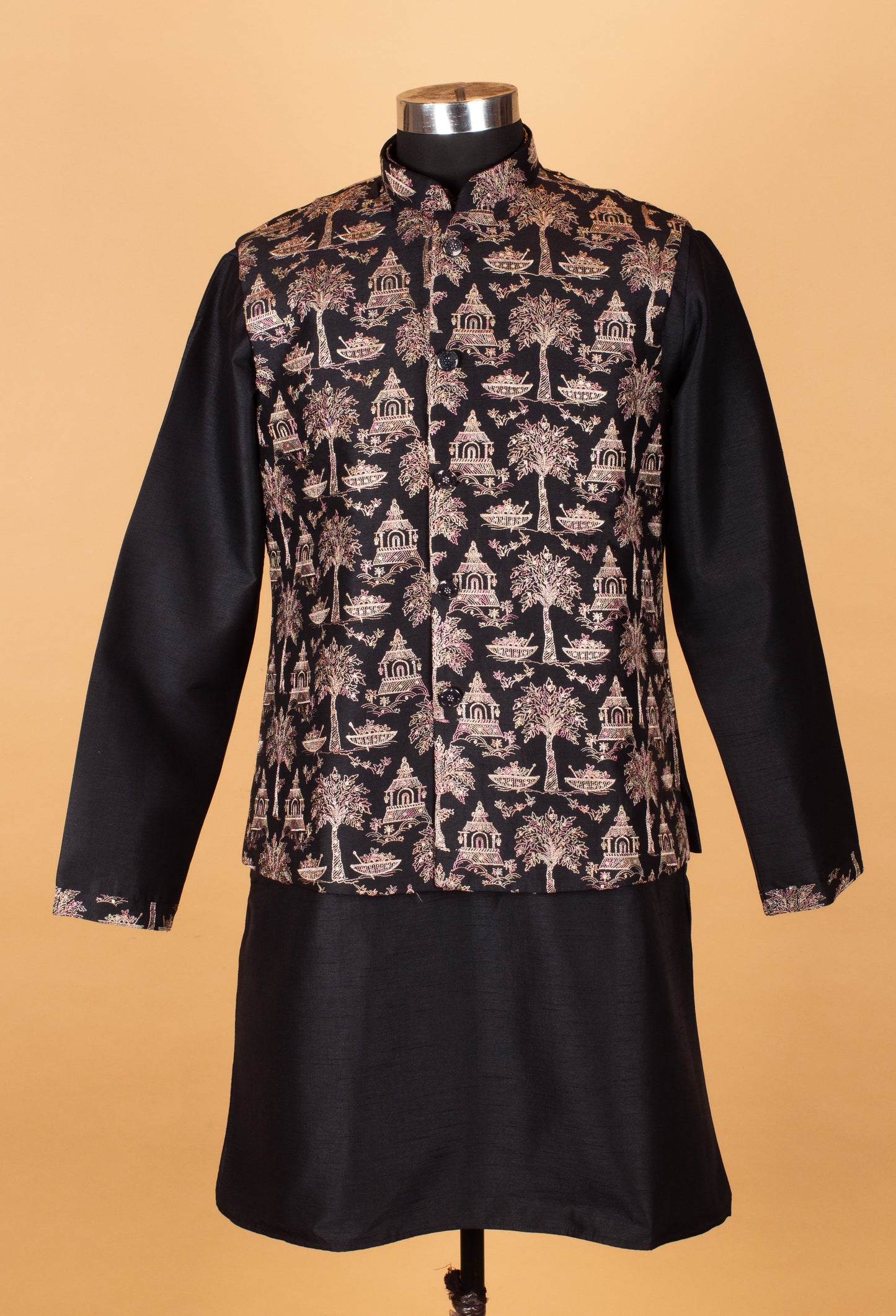 Men’s Black Kurta Set with Heritage Printed Nehru Jacket