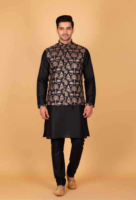 Men’s Black Kurta Set with Heritage Printed Nehru Jacket