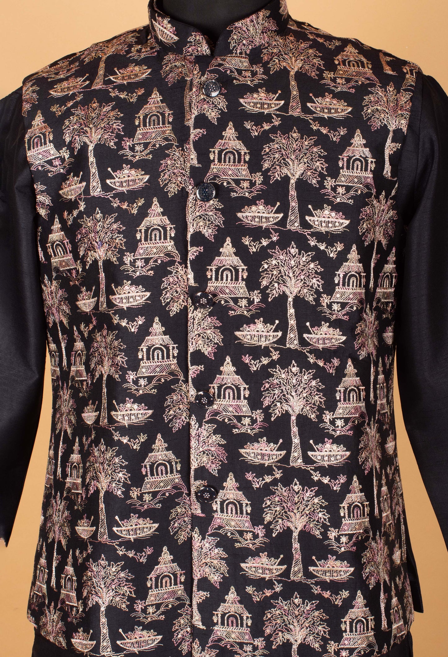 Men’s Black Kurta Set with Heritage Printed Nehru Jacket