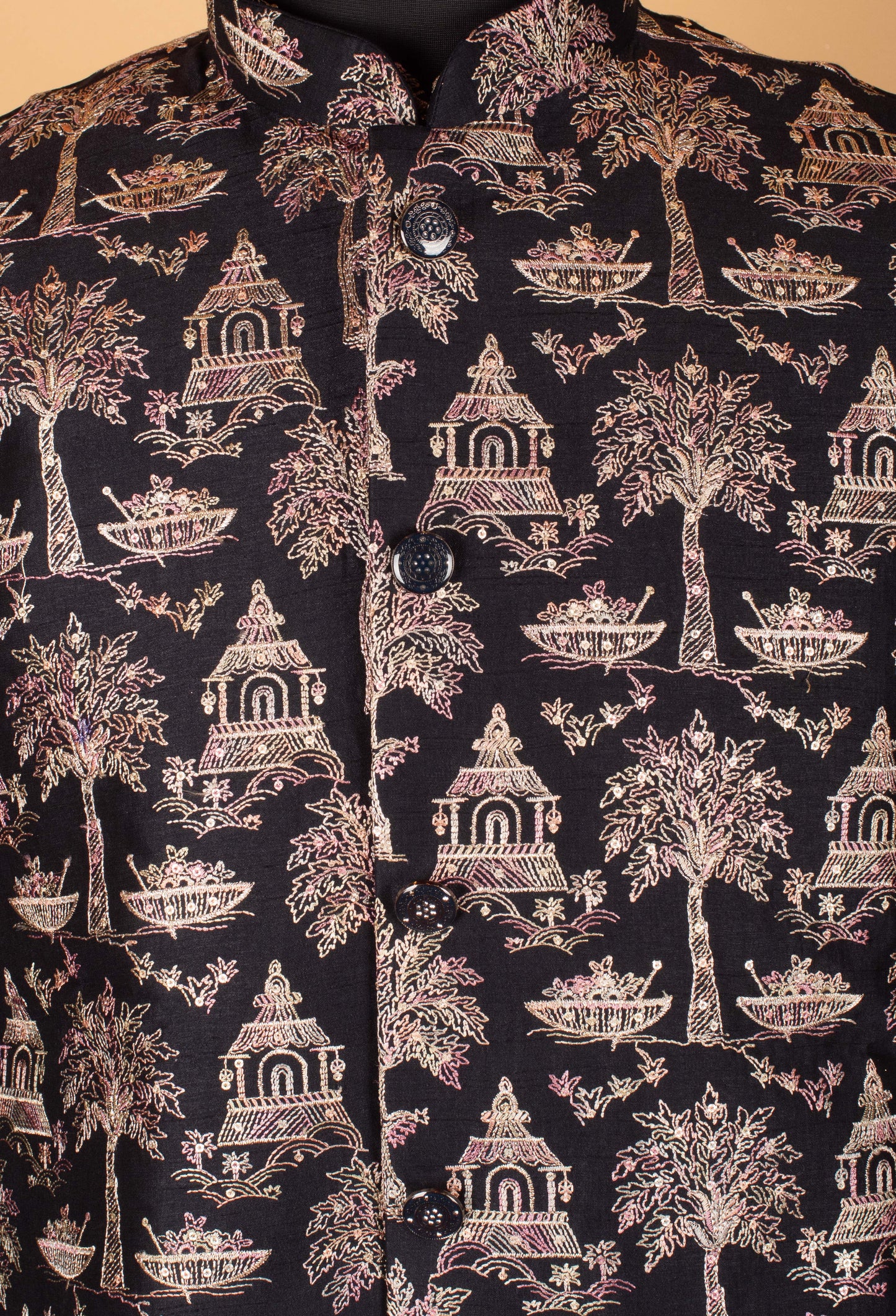 Men’s Black Kurta Set with Heritage Printed Nehru Jacket