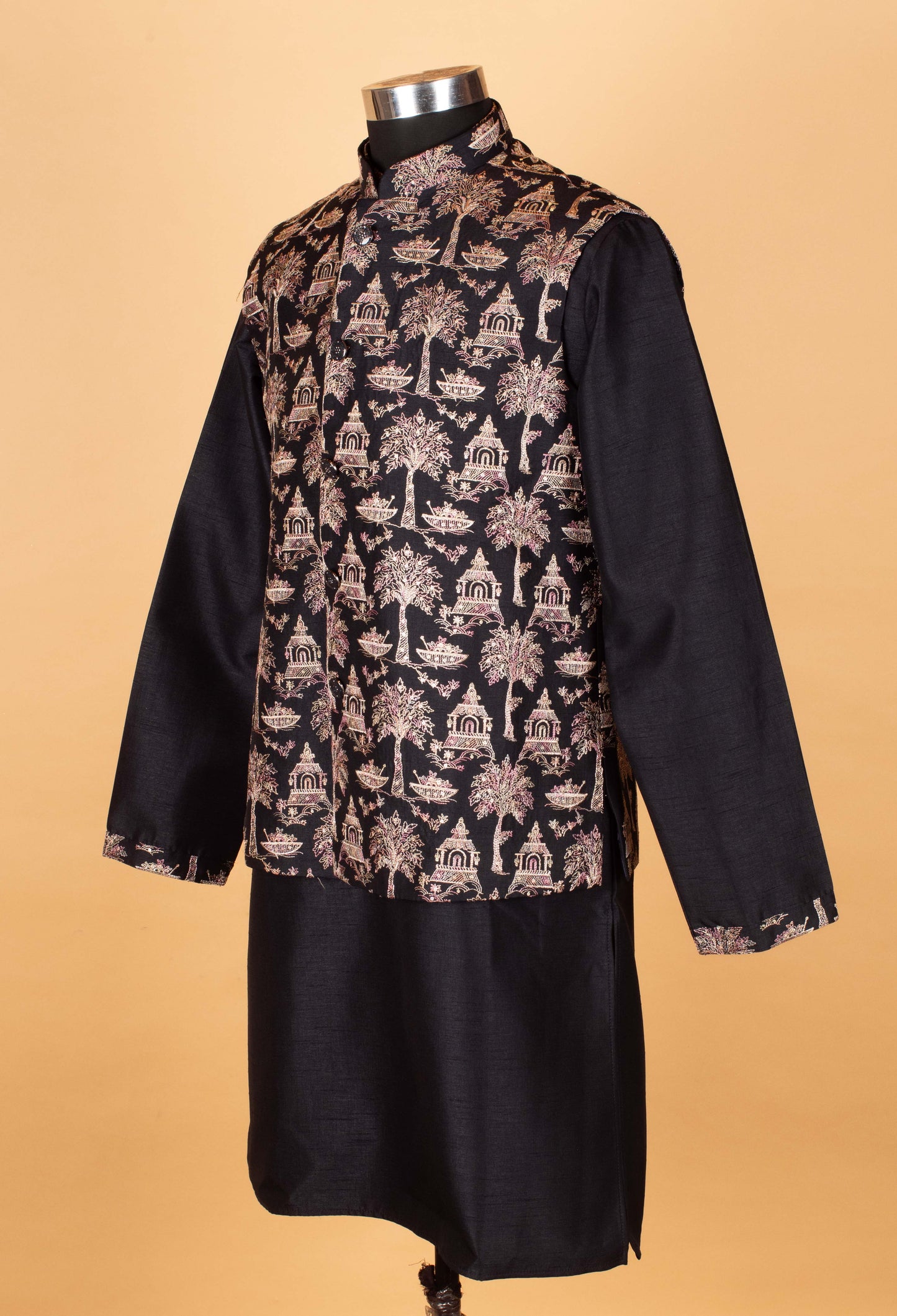 Men’s Black Kurta Set with Heritage Printed Nehru Jacket