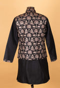 Men’s Black Kurta Set with Heritage Printed Nehru Jacket