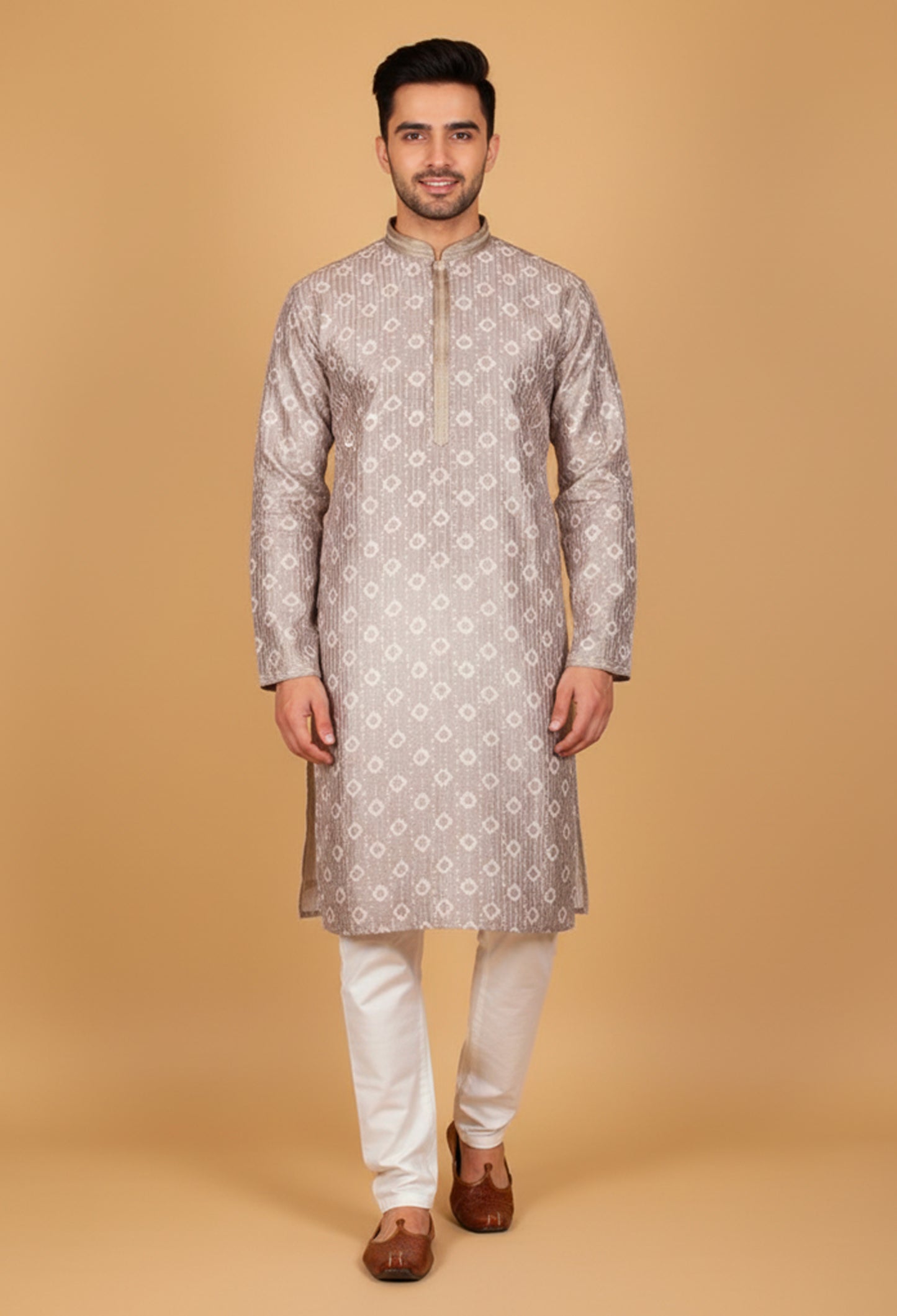 Men’s Beige Printed Straight-Cut Kurta with Mandarin Collar