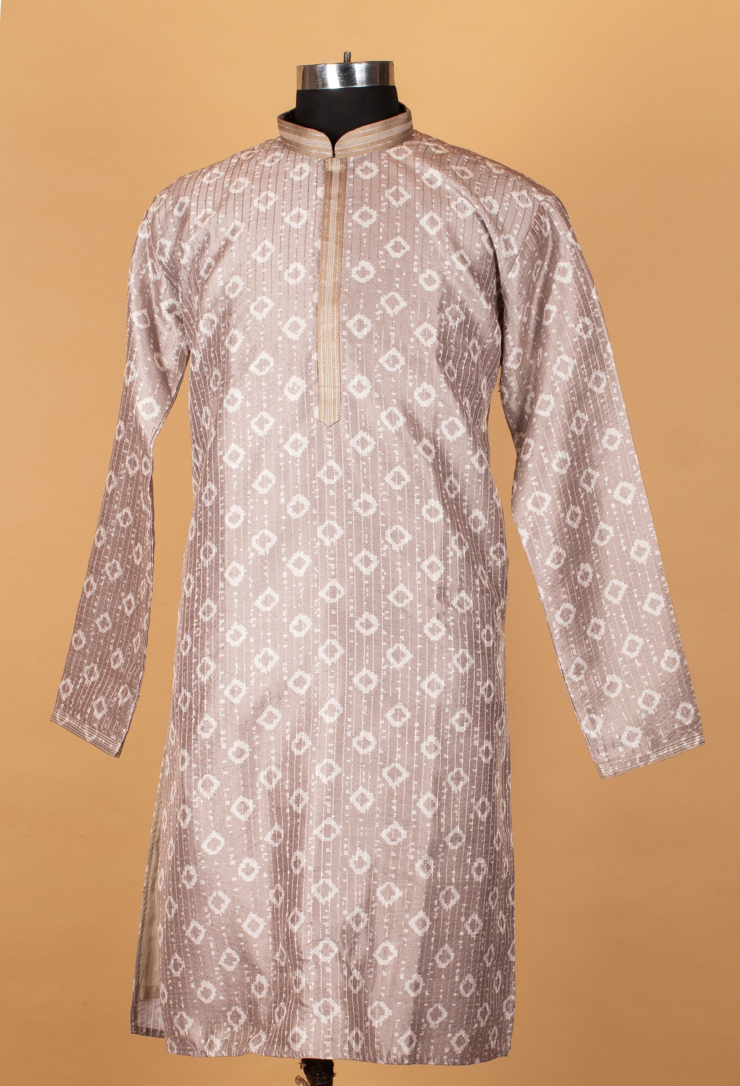 Men’s Beige Printed Straight-Cut Kurta with Mandarin Collar