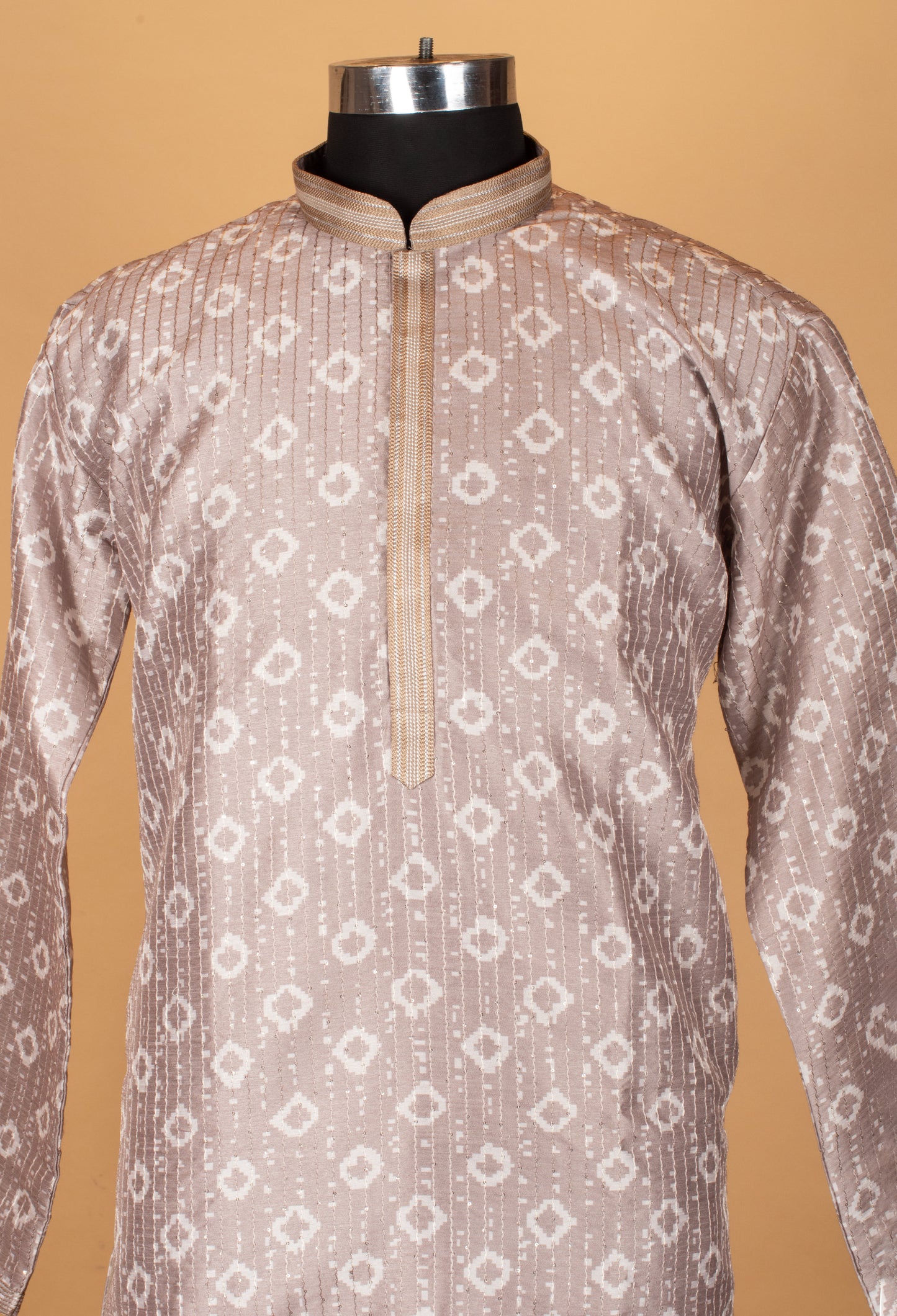 Men’s Beige Printed Straight-Cut Kurta with Mandarin Collar