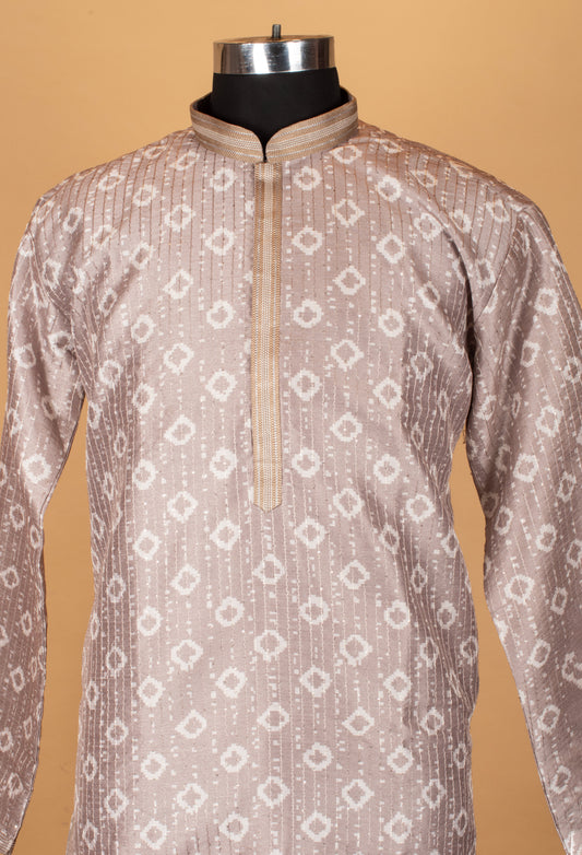 Beige printed straight-cut kurta for men with mandarin collar – product image 2