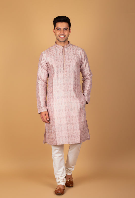 Men’s Blush Pink Printed Straight-Cut Kurta with Mandarin Collar