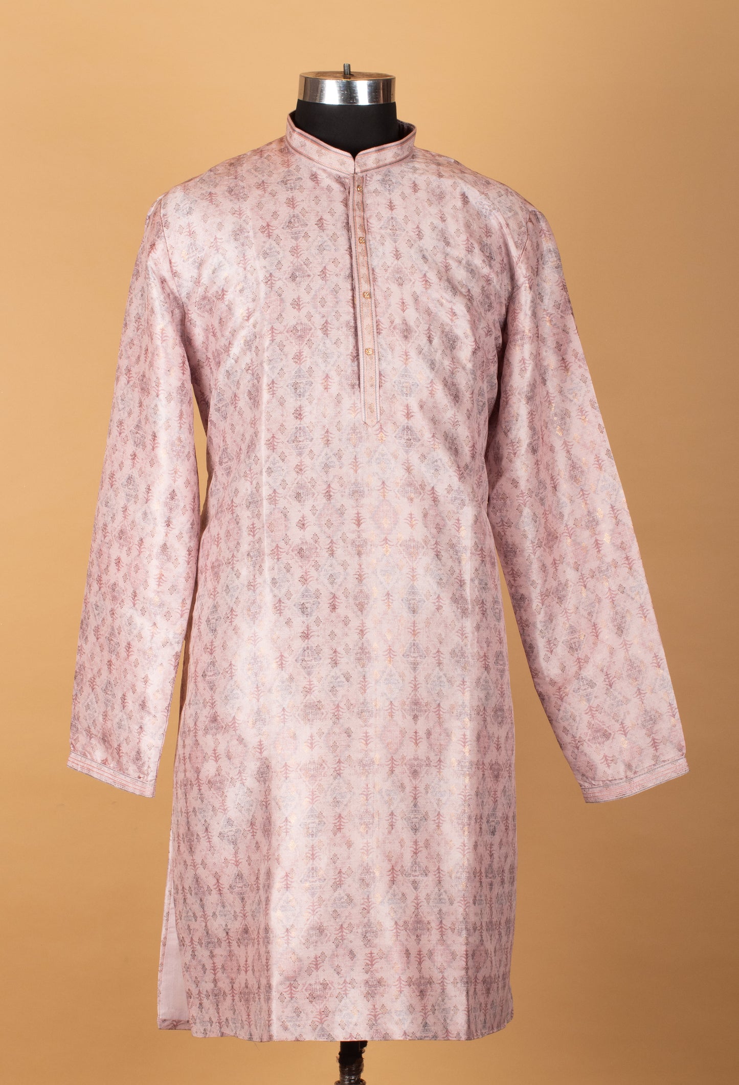Men’s Blush Pink Printed Straight-Cut Kurta with Mandarin Collar