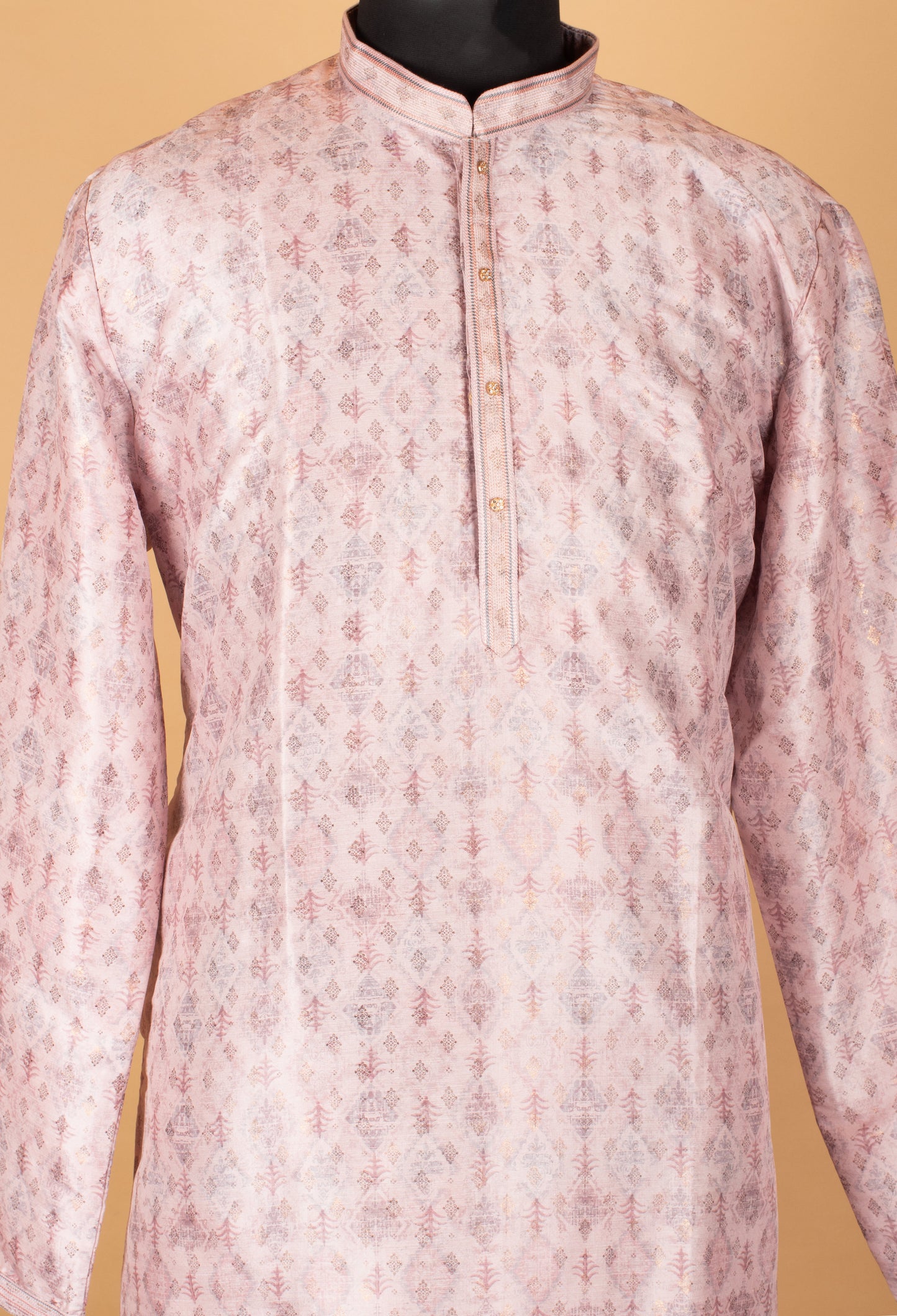 Men’s Blush Pink Printed Straight-Cut Kurta with Mandarin Collar