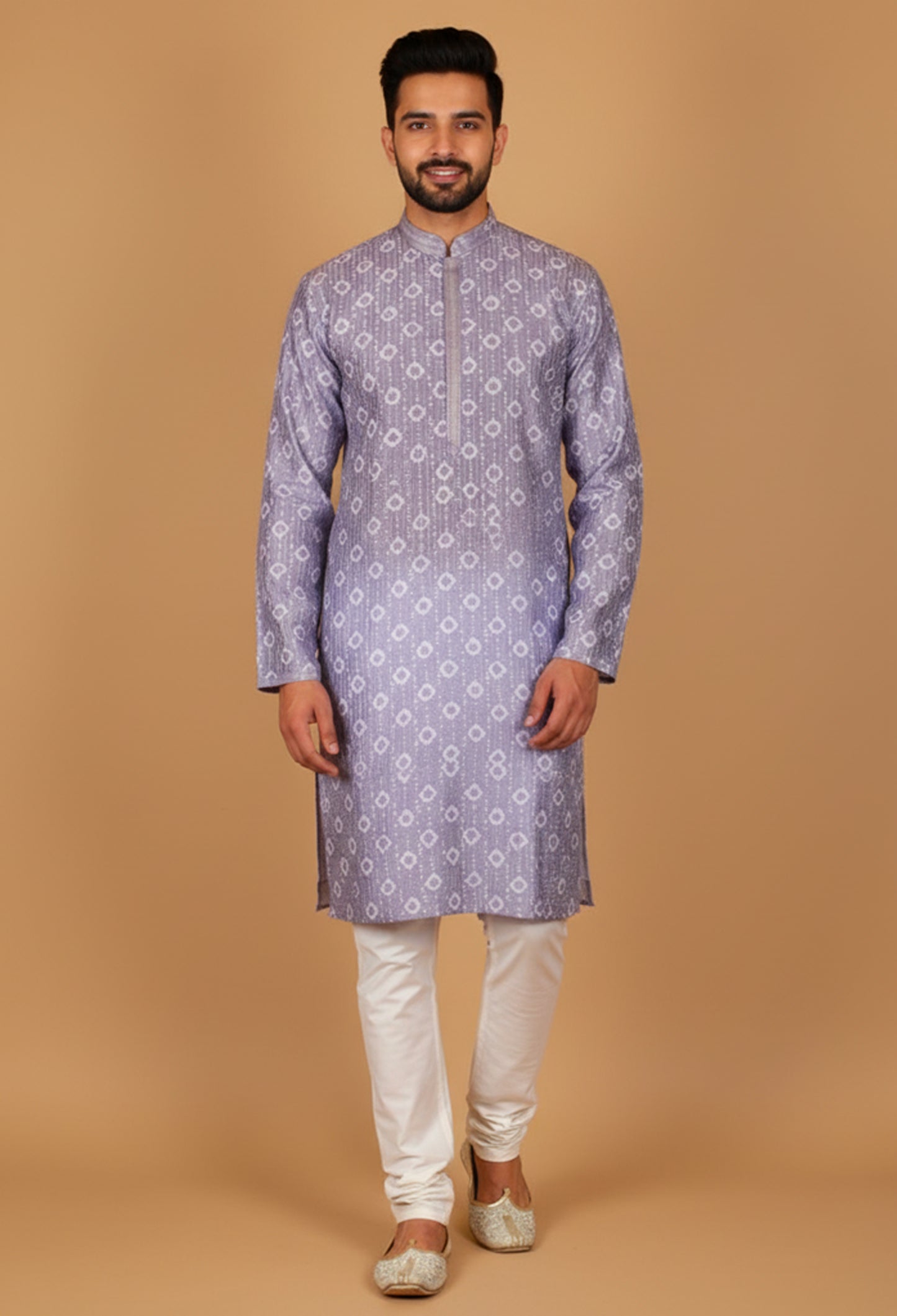 Men’s Lavender Printed Straight-Cut Kurta with Mandarin Collar