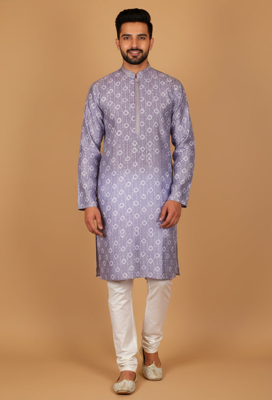 Men’s Lavender Printed Straight-Cut Kurta with Mandarin Collar
