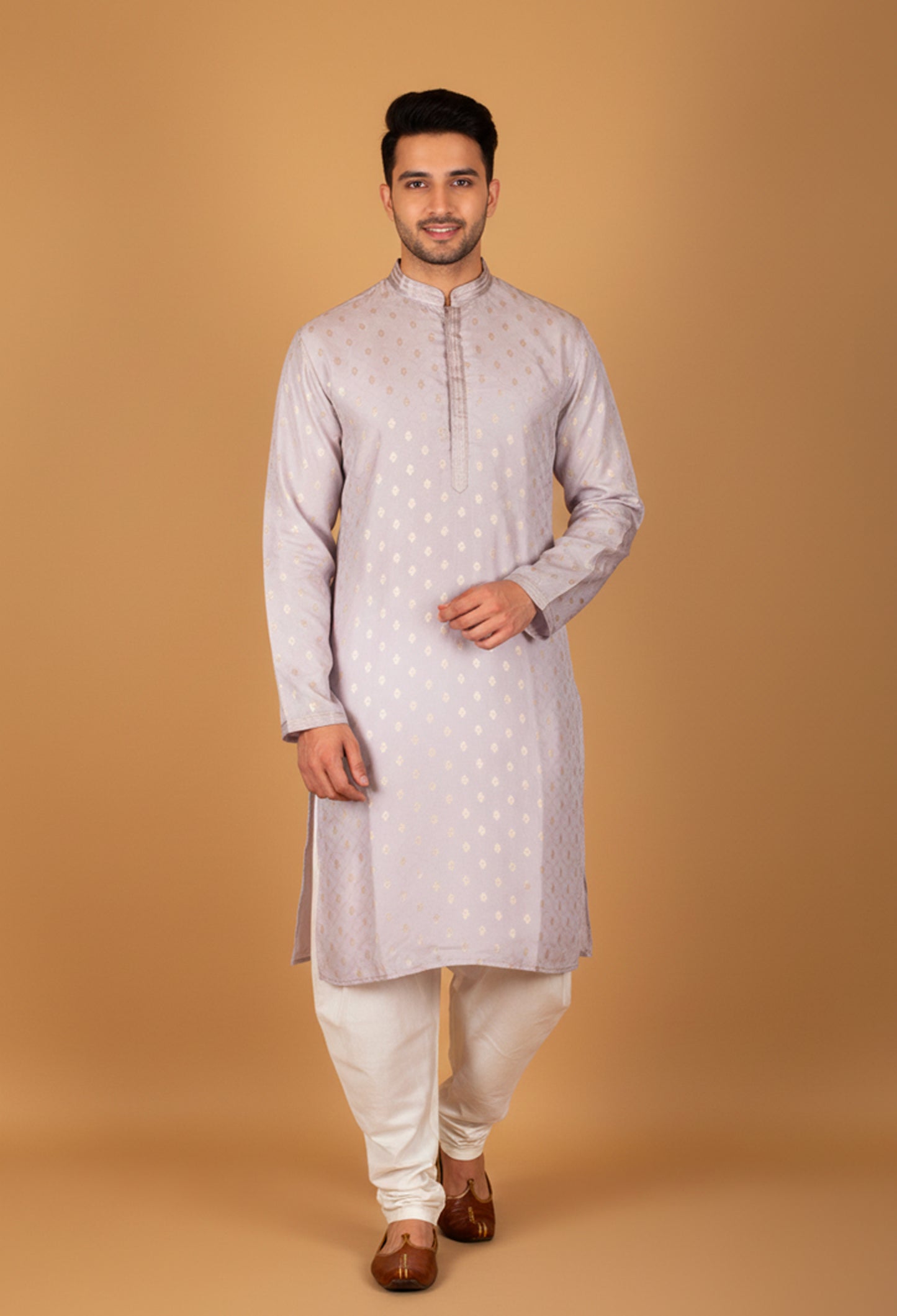 Men’s Light Lavender Printed Straight-Cut Kurta with Mandarin Collar