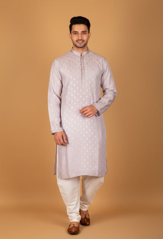 Men’s Light Lavender Printed Straight-Cut Kurta with Mandarin Collar