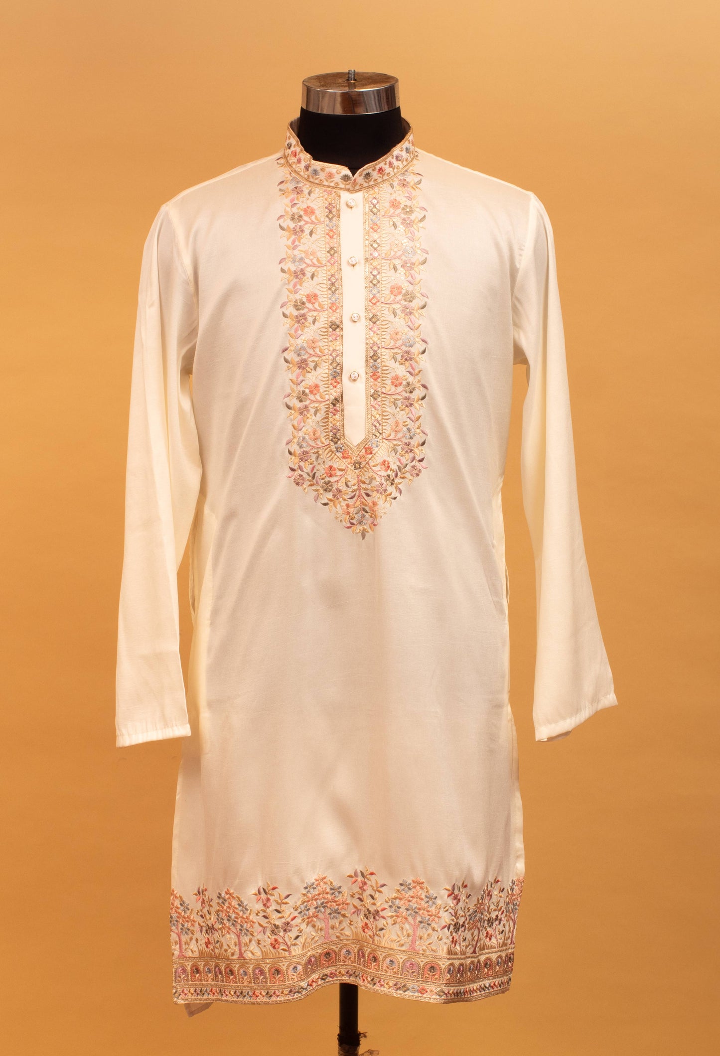 Men’s Ivory Embroidered Kurta with Floral Detailing