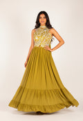 Women’s Mustard Yellow Embroidered Anarkali Gown with Pleated Skirt