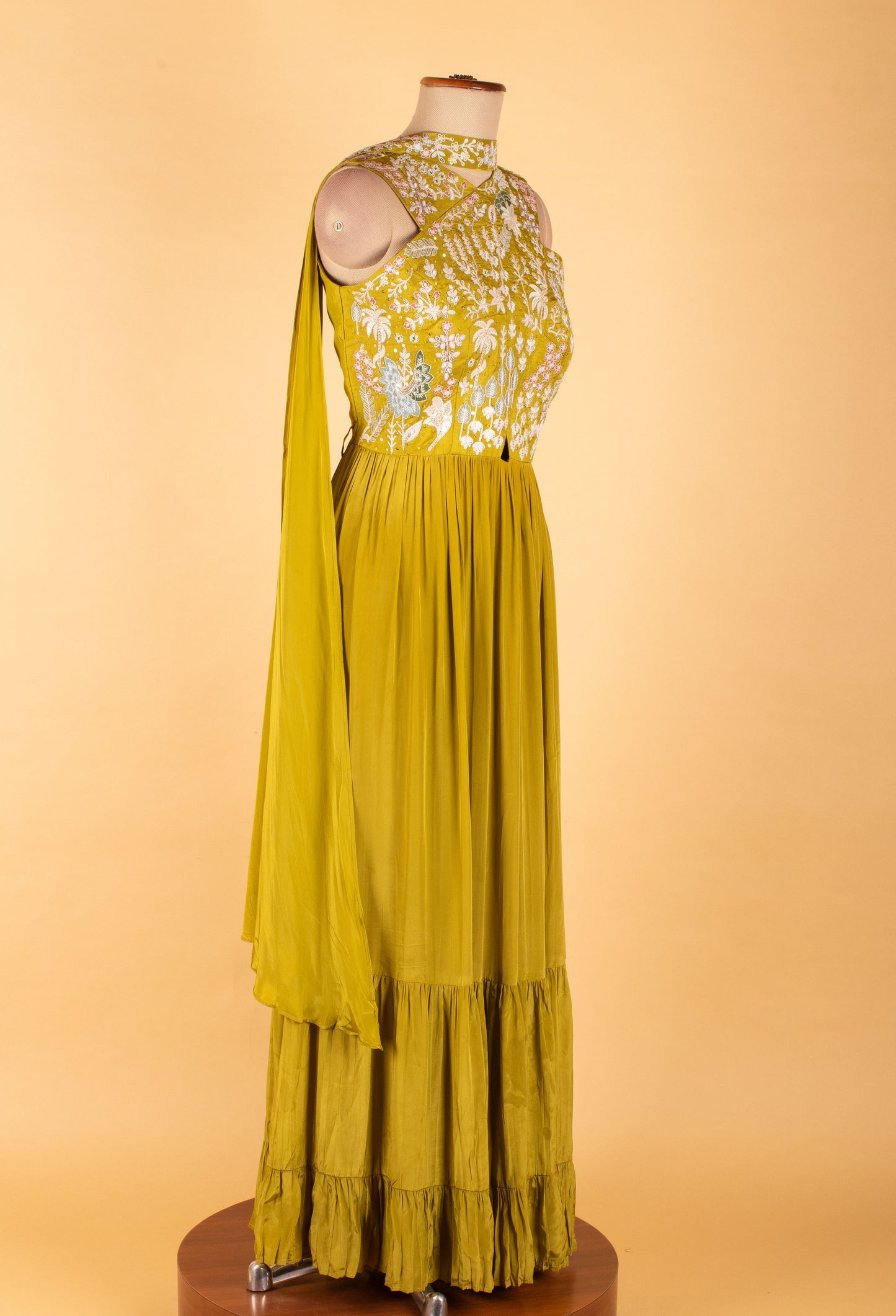 Women’s Mustard Yellow Embroidered Anarkali Gown with Pleated Skirt
