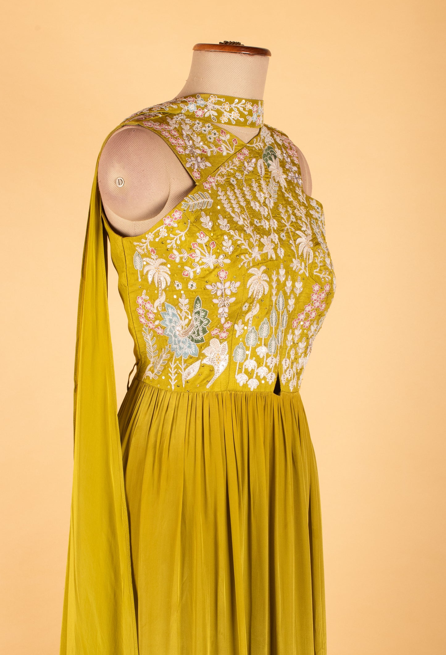 Women’s Mustard Yellow Embroidered Anarkali Gown with Pleated Skirt